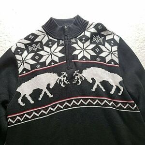 Chaps Sweater Mens Large Black Fair Isle‎ 1/4 Zip Mock Neck Knit Pullover Winter